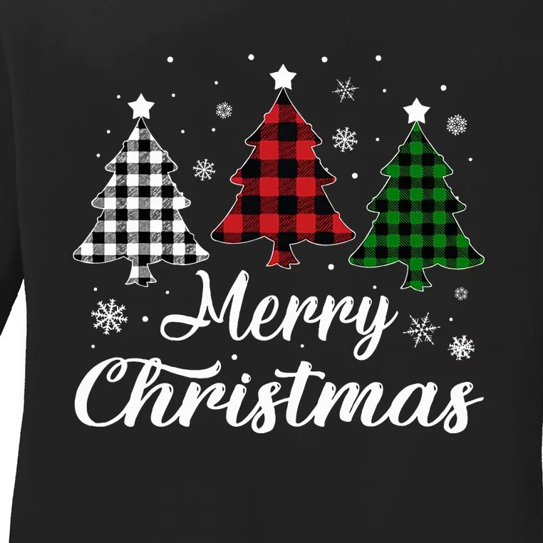 Merry Christmas Tree Xmas Buffalo Plaid Red White Green Ladies Long Sleeve Shirt