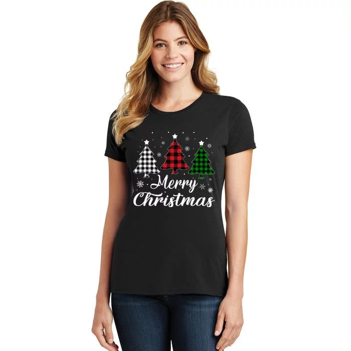 Merry Christmas Tree Xmas Buffalo Plaid Red White Green Women's T-Shirt