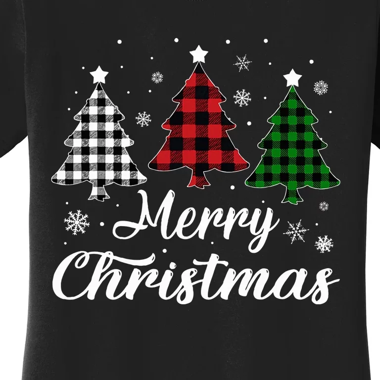 Merry Christmas Tree Xmas Buffalo Plaid Red White Green Women's T-Shirt