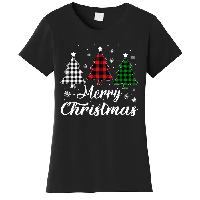 Merry Christmas Tree Xmas Buffalo Plaid Red White Green Women's T-Shirt