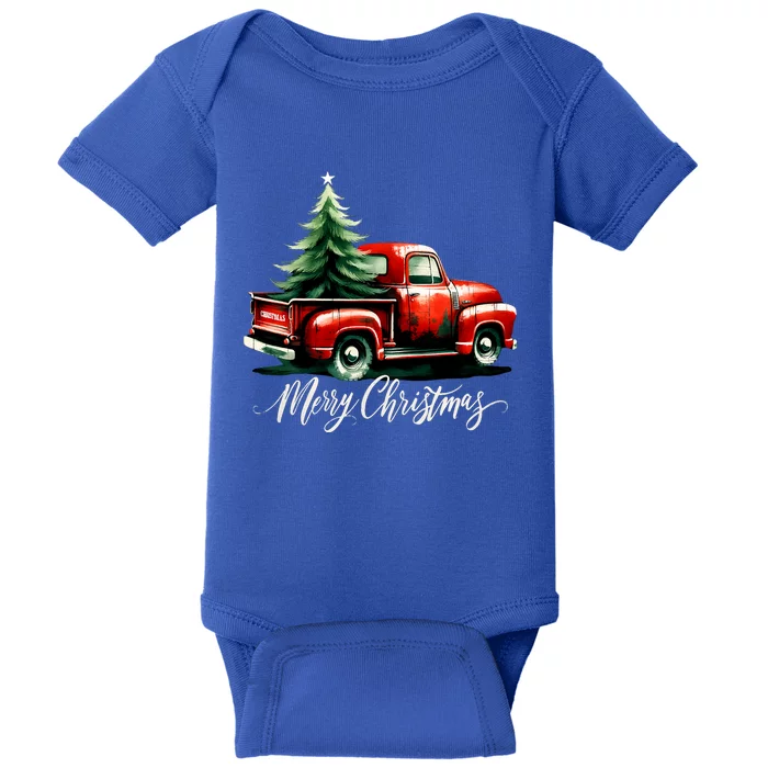 Merry Christmas Tree On Red Truck Vintage Family Matching Baby Bodysuit