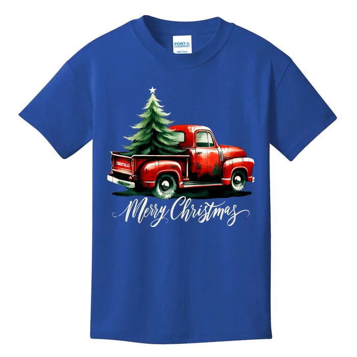 Merry Christmas Tree On Red Truck Vintage Family Matching Kids T-Shirt