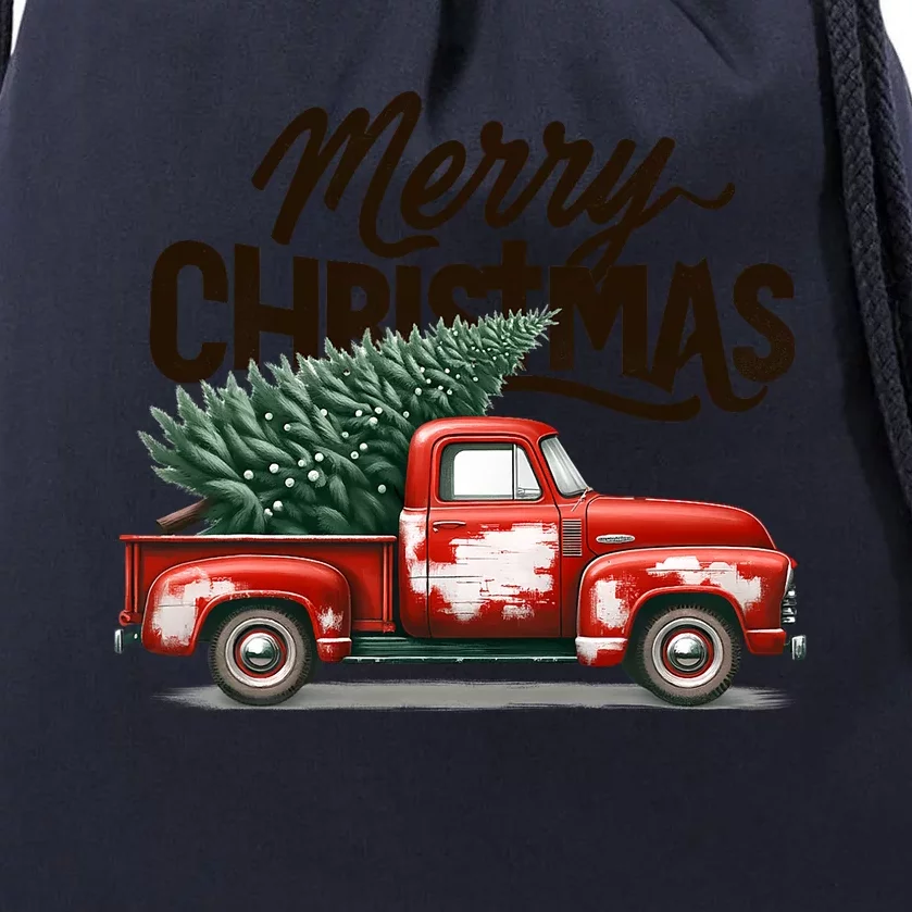 Merry Christmas Tree On Red Truck Wagon Family Matching Drawstring Bag