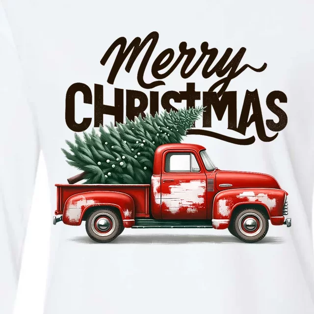 Merry Christmas Tree On Red Truck Wagon Family Matching Womens Cotton Relaxed Long Sleeve T-Shirt