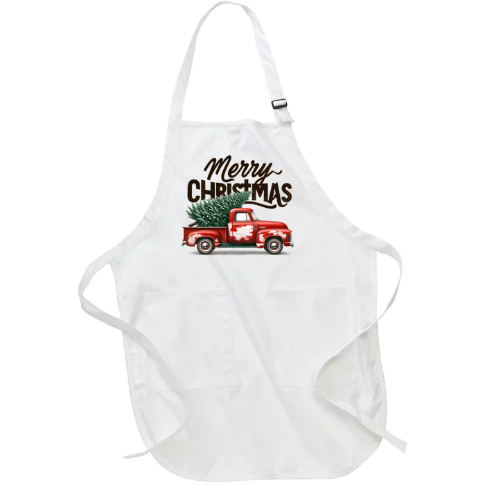 Merry Christmas Tree On Red Truck Wagon Family Matching Full-Length Apron With Pocket