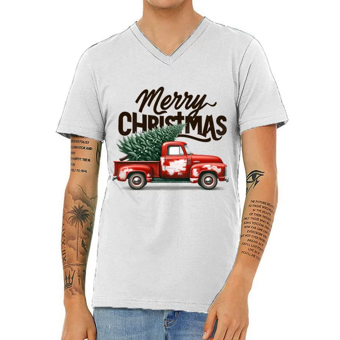 Merry Christmas Tree On Red Truck Wagon Family Matching V-Neck T-Shirt