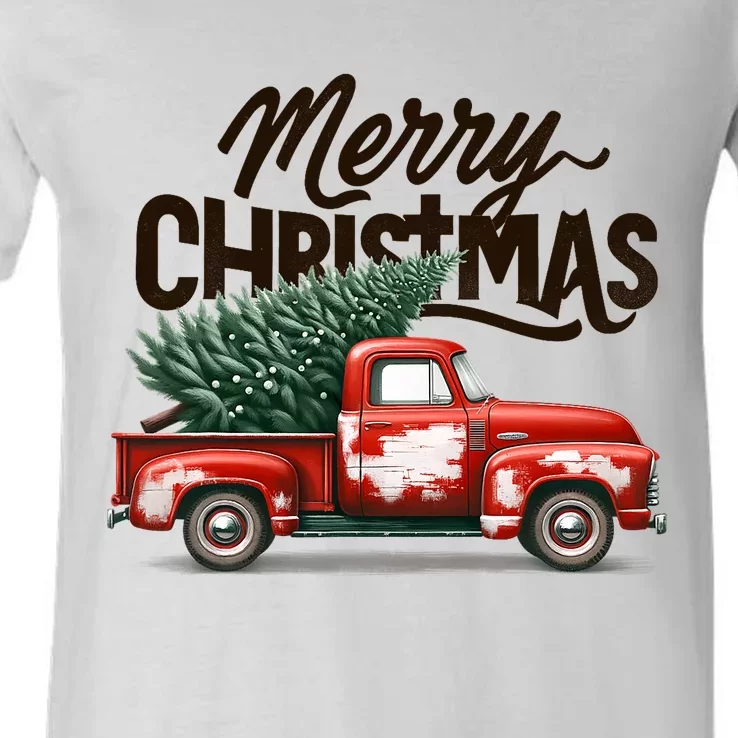 Merry Christmas Tree On Red Truck Wagon Family Matching V-Neck T-Shirt