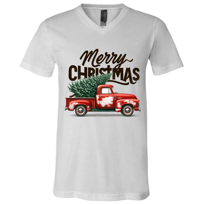 Merry Christmas Tree On Red Truck Wagon Family Matching V-Neck T-Shirt