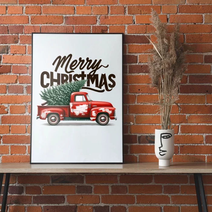 Merry Christmas Tree On Red Truck Wagon Family Matching Poster