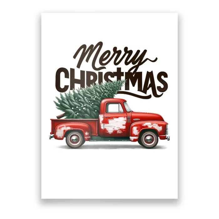 Merry Christmas Tree On Red Truck Wagon Family Matching Poster