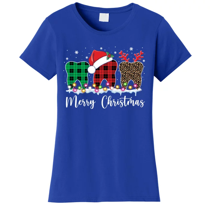 Merry Christmas Teeth Santa Hat Xmas Leopard Plaid Reindeer Cool Gift Women's T-Shirt