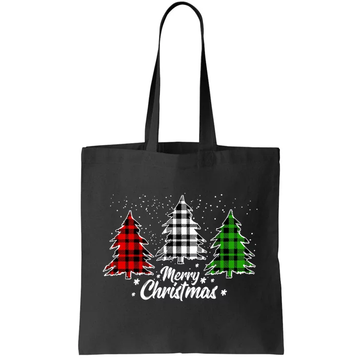 Merry Christmas Tree Xmas Buffalo Plaid Red White Green Tote Bag