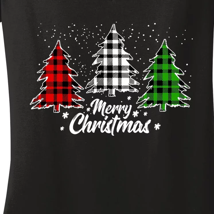 Merry Christmas Tree Xmas Buffalo Plaid Red White Green Women's V-Neck T-Shirt