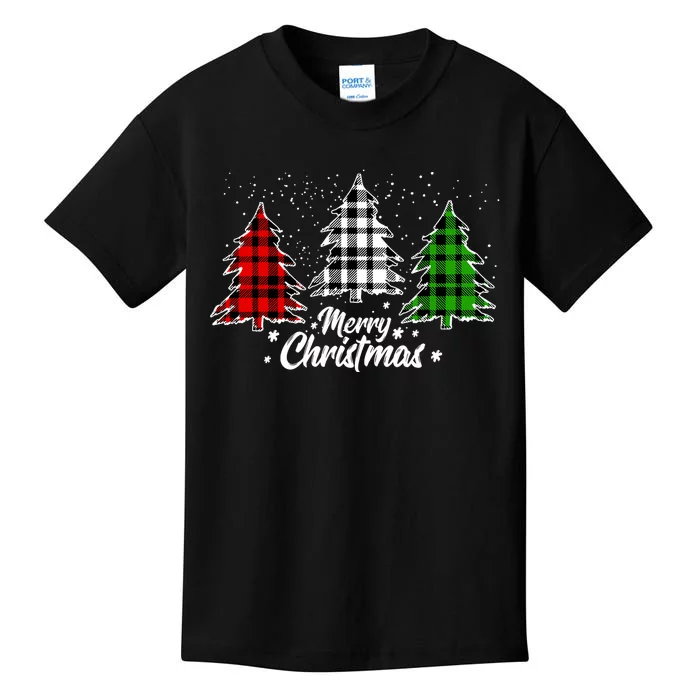 Merry Christmas Tree Xmas Buffalo Plaid Red White Green Kids T-Shirt