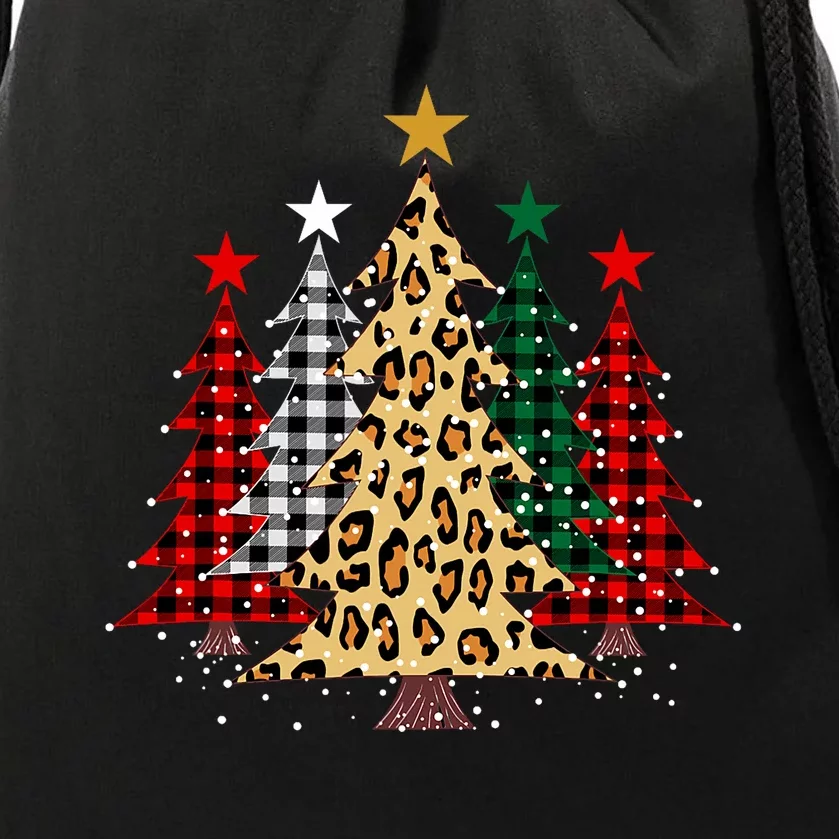 Merry Christmas Trees With Buffalo Plaid & Leopard Design Drawstring Bag