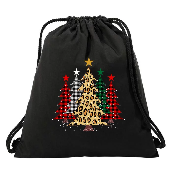 Merry Christmas Trees With Buffalo Plaid & Leopard Design Drawstring Bag