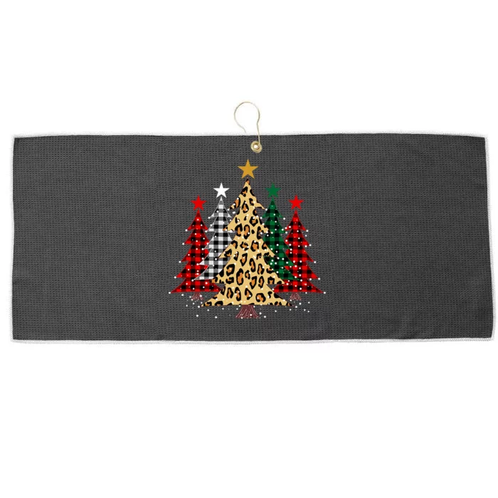 Merry Christmas Trees With Buffalo Plaid & Leopard Design Large Microfiber Waffle Golf Towel