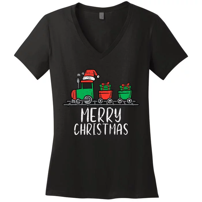 Merry Christmas Train Santa Cute Xmas Women's V-Neck T-Shirt