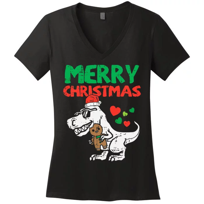 Merry Christmas Trex Dino Pajamas Women's V-Neck T-Shirt