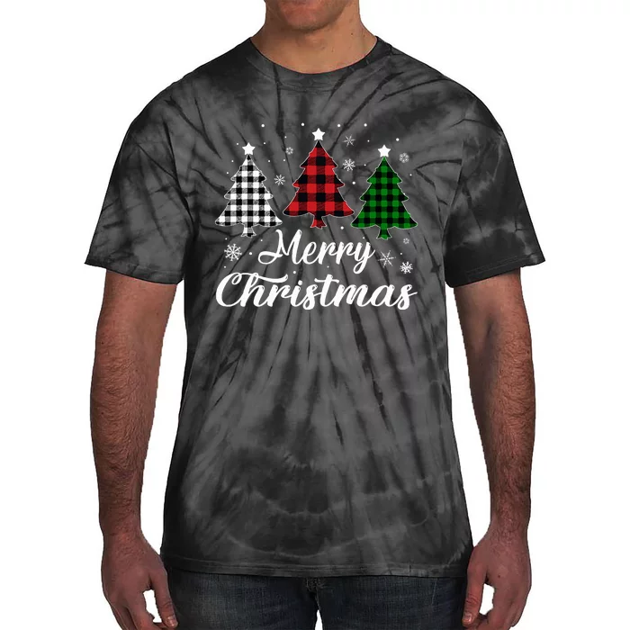 Merry Christmas Tree Xmas Buffalo Plaid Red White Green Tie-Dye T-Shirt