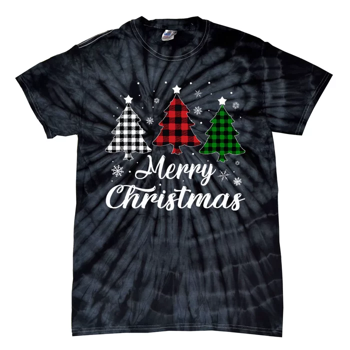 Merry Christmas Tree Xmas Buffalo Plaid Red White Green Tie-Dye T-Shirt