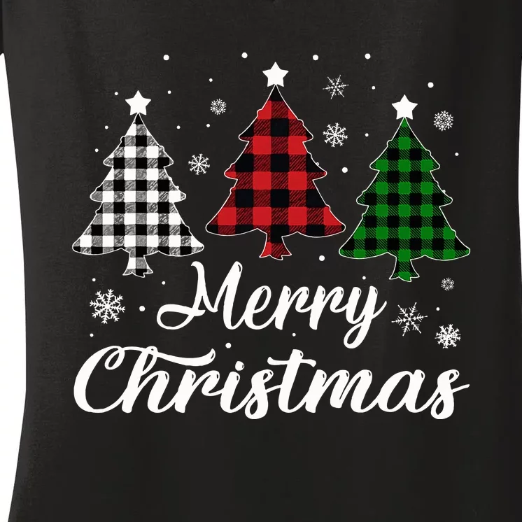 Merry Christmas Tree Xmas Buffalo Plaid Red White Green Women's V-Neck T-Shirt