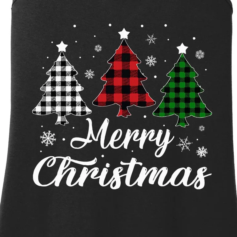 Merry Christmas Tree Xmas Buffalo Plaid Red White Green Ladies Essential Tank