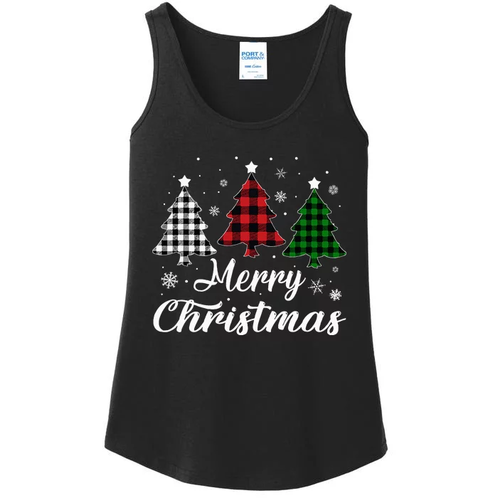 Merry Christmas Tree Xmas Buffalo Plaid Red White Green Ladies Essential Tank