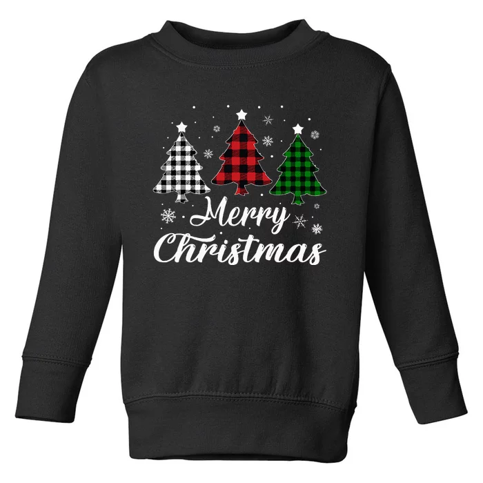 Merry Christmas Tree Xmas Buffalo Plaid Red White Green Toddler Sweatshirt