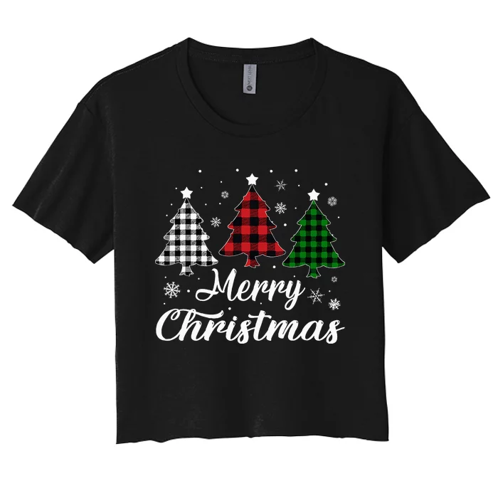 Merry Christmas Tree Xmas Buffalo Plaid Red White Green Women's Crop Top Tee