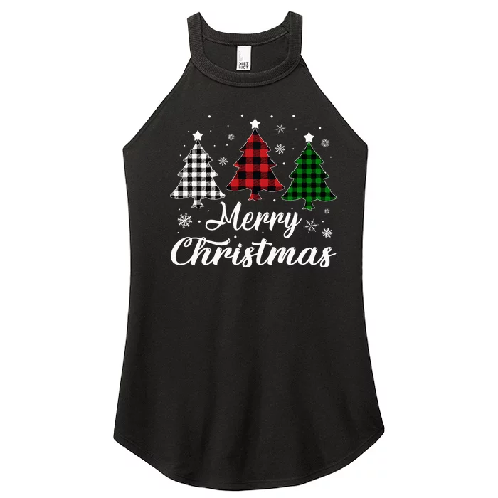 Merry Christmas Tree Xmas Buffalo Plaid Red White Green Women’s Perfect Tri Rocker Tank