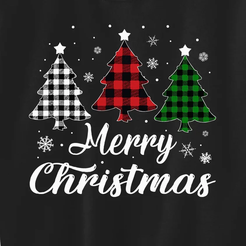 Merry Christmas Tree Xmas Buffalo Plaid Red White Green Kids Sweatshirt