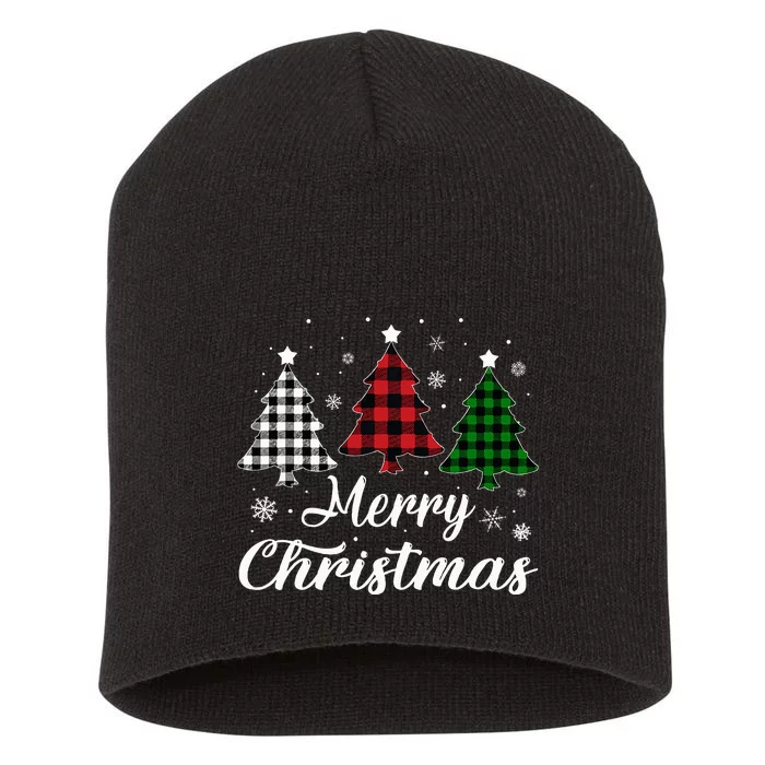 Merry Christmas Tree Xmas Buffalo Plaid Red White Green Short Acrylic Beanie