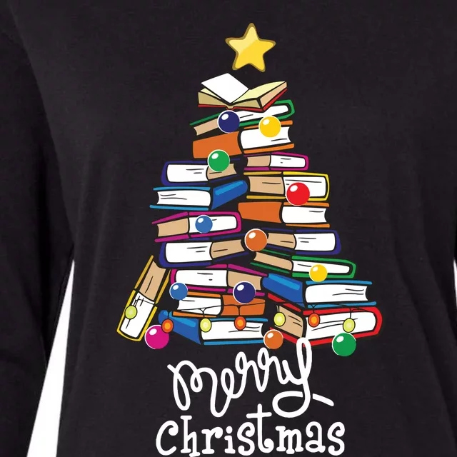 Merry Christmas Tree Love Reading Books Librarian Nerd Womens Cotton Relaxed Long Sleeve T-Shirt