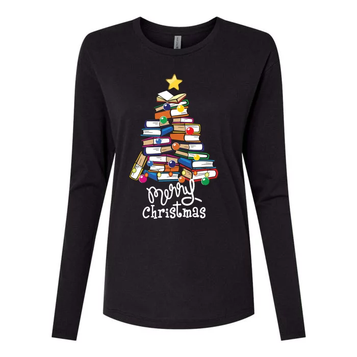 Merry Christmas Tree Love Reading Books Librarian Nerd Womens Cotton Relaxed Long Sleeve T-Shirt