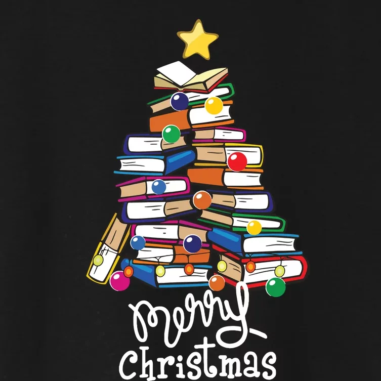 Merry Christmas Tree Love Reading Books Librarian Nerd Women's Crop Top Tee