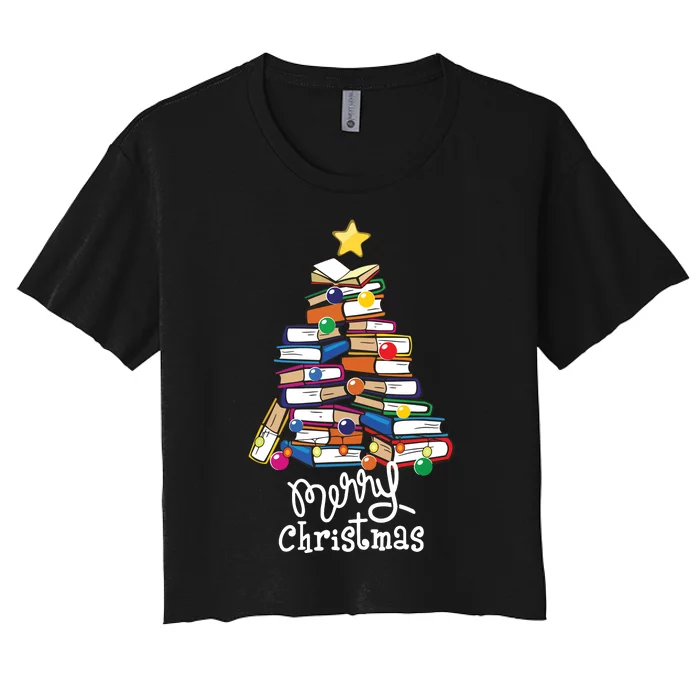 Merry Christmas Tree Love Reading Books Librarian Nerd Women's Crop Top Tee