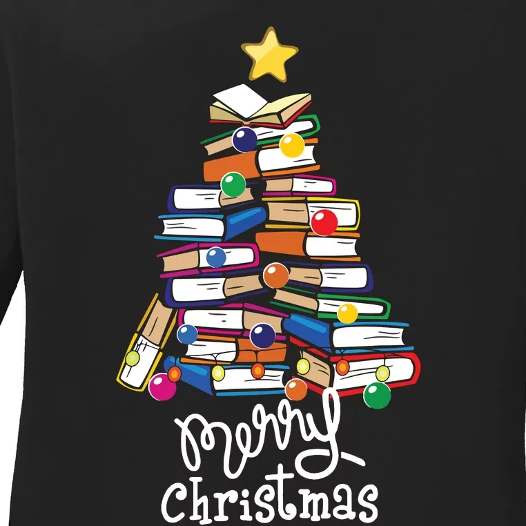 Merry Christmas Tree Love Reading Books Librarian Nerd Ladies Long Sleeve Shirt