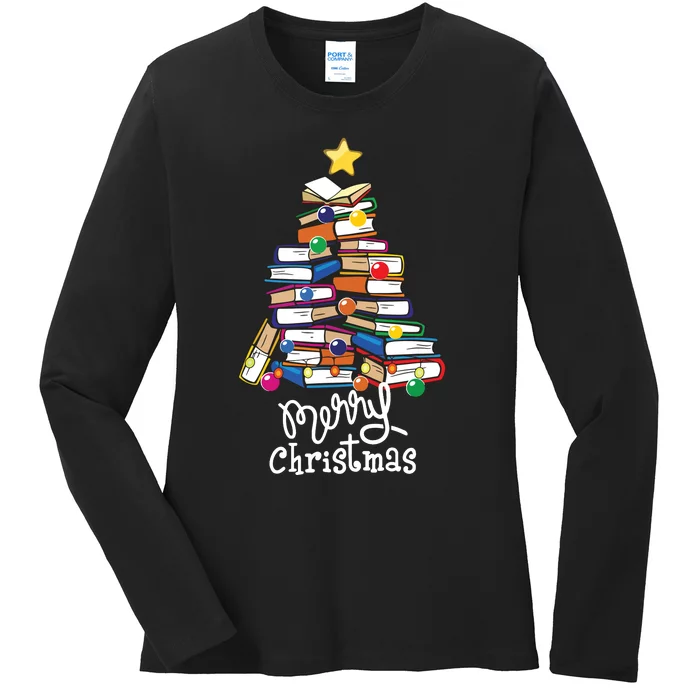 Merry Christmas Tree Love Reading Books Librarian Nerd Ladies Long Sleeve Shirt