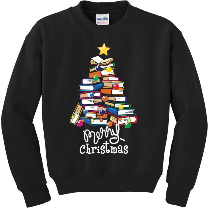 Merry Christmas Tree Love Reading Books Librarian Nerd Kids Sweatshirt