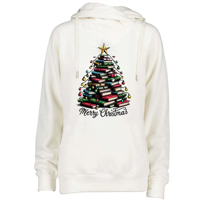 Merry Christmas Tree Love Reading Books Librarian Women Womens Funnel Neck Pullover Hood