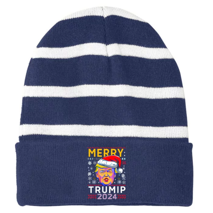 Merry Christmas Trump 2024 Mugshot Ugly Funny Pro Trump Striped Beanie with Solid Band