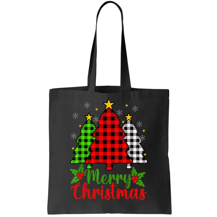 Merry Christmas Tree Buffalo Plaid Red White Green Cute Xmas Tote Bag