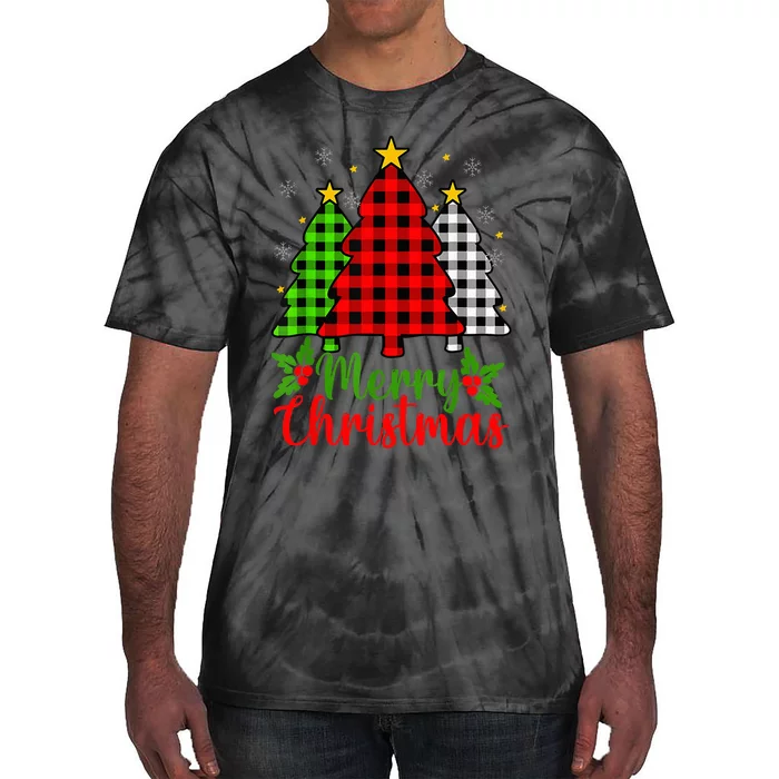 Merry Christmas Tree Buffalo Plaid Red White Green Cute Xmas Tie-Dye T-Shirt