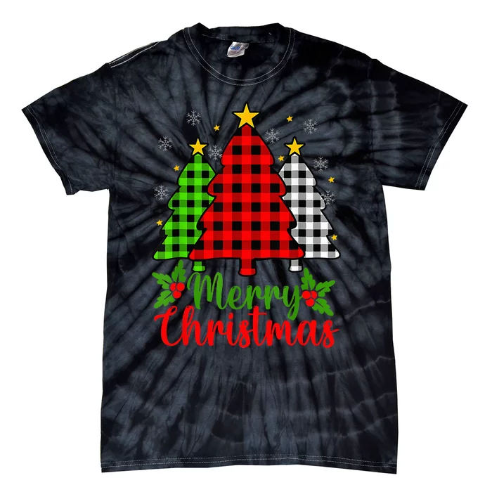 Merry Christmas Tree Buffalo Plaid Red White Green Cute Xmas Tie-Dye T-Shirt