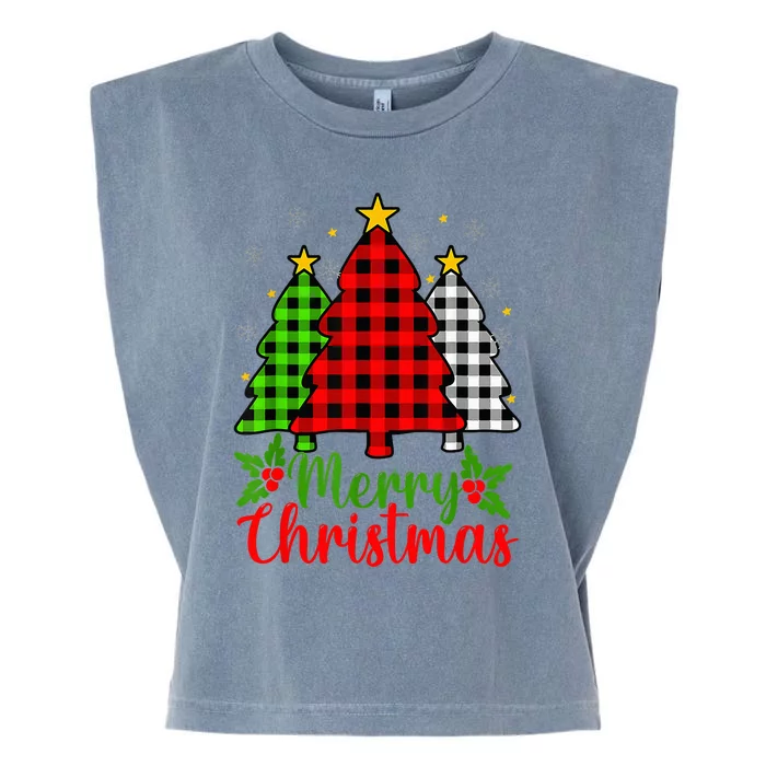 Merry Christmas Tree Buffalo Plaid Red White Green Cute Xmas Garment-Dyed Women's Muscle Tee