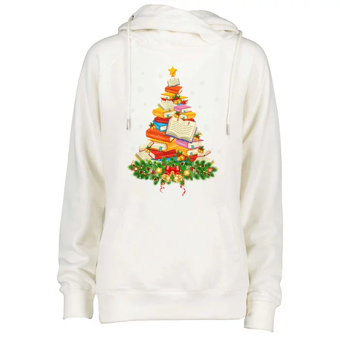 Merry Christmas Tree Reading Books Librarian Xmas Lighting Gift Womens Funnel Neck Pullover Hood