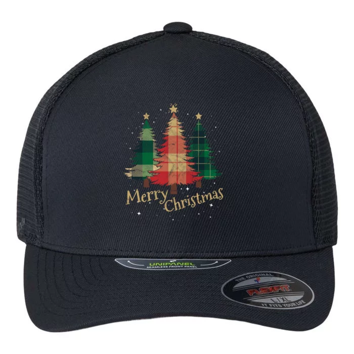 Merry Christmas Trees With Red Green Plaid Gift Family Xmas Funny Gift Flexfit Unipanel Trucker Cap