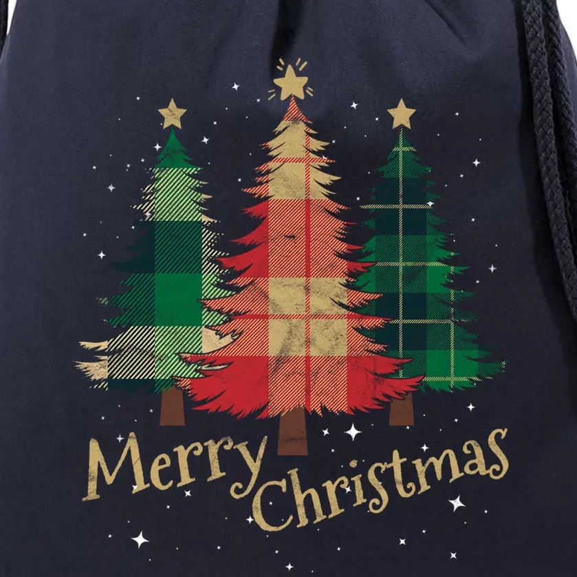 Merry Christmas Trees With Red Green Plaid Gift Family Xmas Funny Gift Drawstring Bag