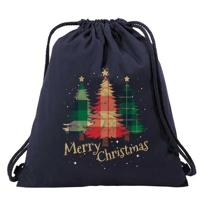 Merry Christmas Trees With Red Green Plaid Gift Family Xmas Funny Gift Drawstring Bag